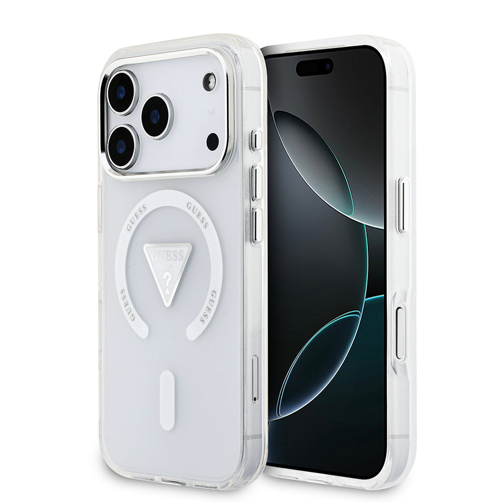 iPhone 17 Pro Kılıf Guess Orijinal Lisanslı M-safe Şarj Özellikli IML Baskılı Üçgen Logolu Metal Kamera Çerçeveli Kılıf