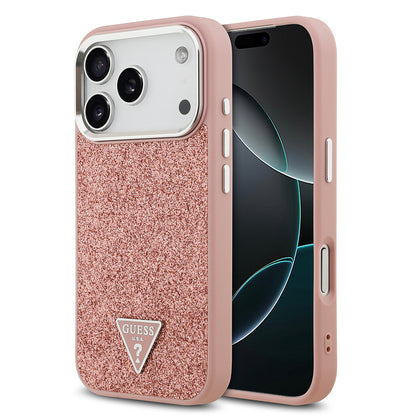 iPhone 17 Pro Kılıf Guess Orijinal Lisanslı M-safe Şarj Özellikli Metal Kamera Çerçeveli Üçgen Logolu Glitter Kılıf