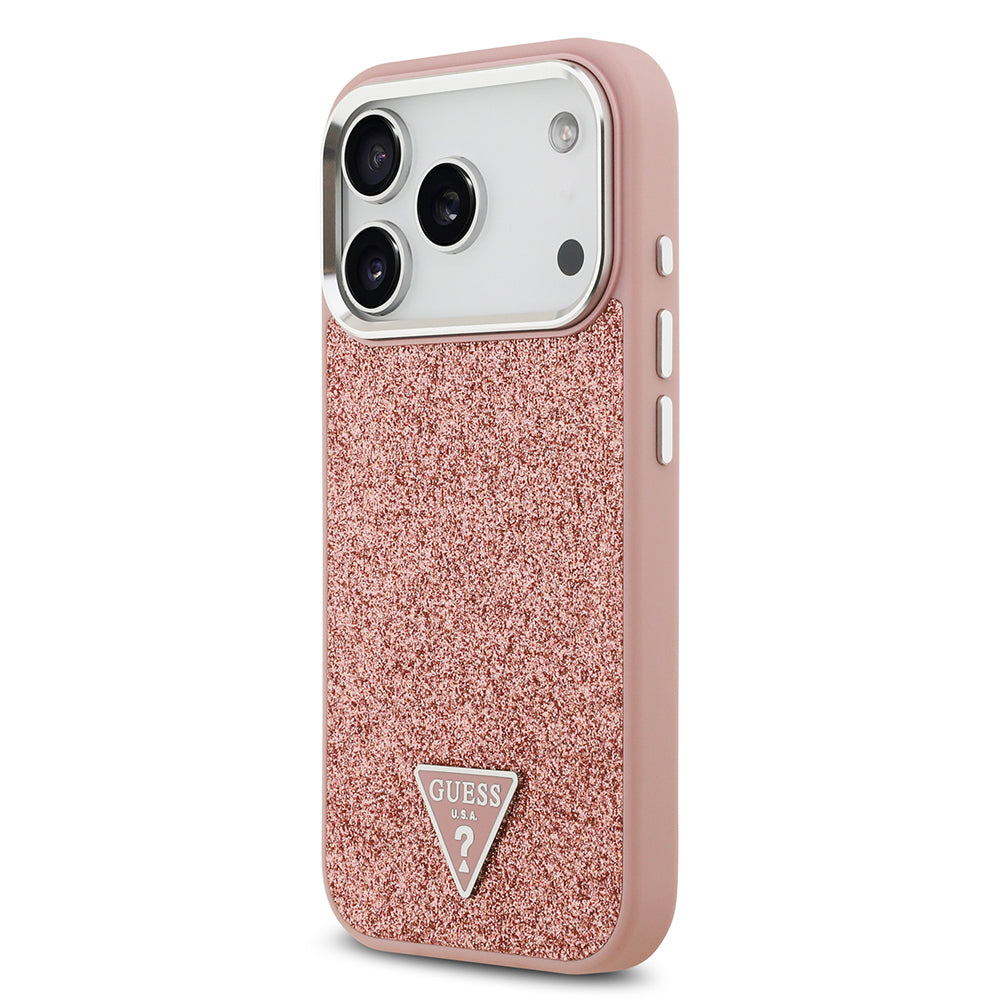 iPhone 17 Pro Kılıf Guess Orijinal Lisanslı M-safe Şarj Özellikli Metal Kamera Çerçeveli Üçgen Logolu Glitter Kılıf