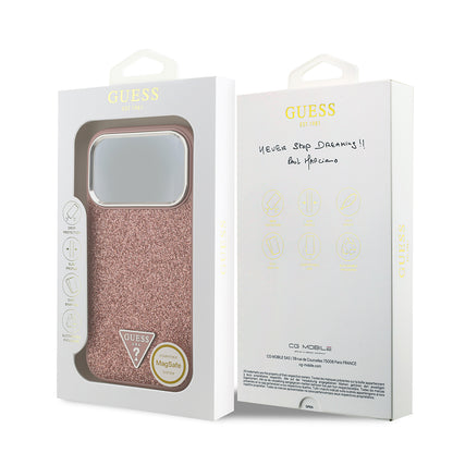 iPhone 17 Pro Kılıf Guess Orijinal Lisanslı M-safe Şarj Özellikli Metal Kamera Çerçeveli Üçgen Logolu Glitter Kılıf