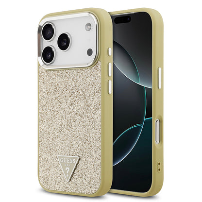 iPhone 17 Pro Kılıf Guess Orijinal Lisanslı M-safe Şarj Özellikli Metal Kamera Çerçeveli Üçgen Logolu Glitter Kılıf