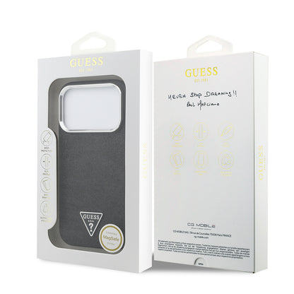 iPhone 17 Pro Kılıf Guess Orijinal Lisanslı M-safe Şarj Özellikli Metal Kamera Çerçeveli Üçgen Logolu Glitter Kılıf