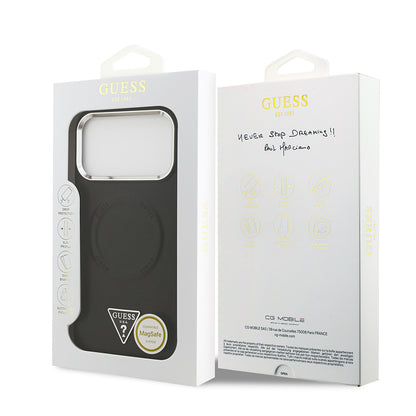 iPhone 17 Pro Kılıf Guess Orijinal Lisanslı M-safe Şarj Özellikli PU Deri Metal Kamera Çerçeveli Üçgen Logolu Kılıf