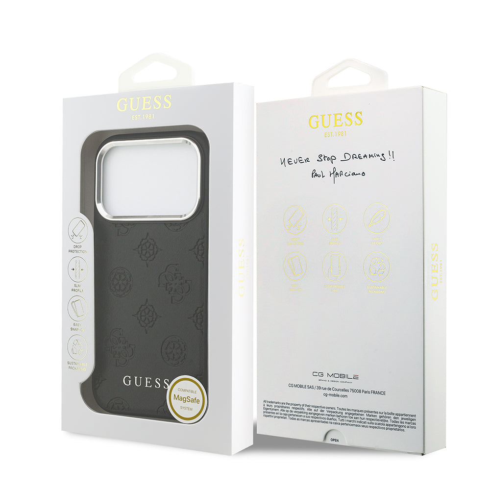 iPhone 17 Pro Kılıf Guess Orijinal Lisanslı M-safe Şarj Özellikli Sıcak Baskılı Klasik Yazı Logolu PU Deri Peony Kılıf