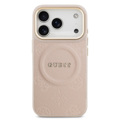 iPhone 17 Pro Kılıf Guess Orijinal Lisanslı M-safe Şarj Özellikli Sıcak Baskılı Yazı Logolu PU Deri Peony Kılıf