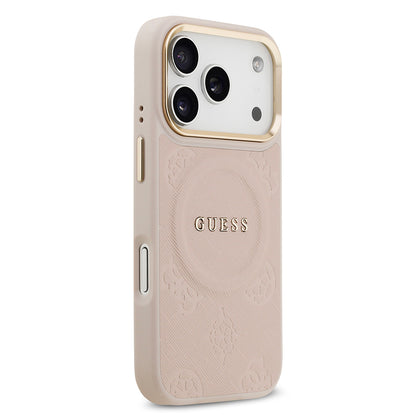 iPhone 17 Pro Kılıf Guess Orijinal Lisanslı M-safe Şarj Özellikli Sıcak Baskılı Yazı Logolu PU Deri Peony Kılıf