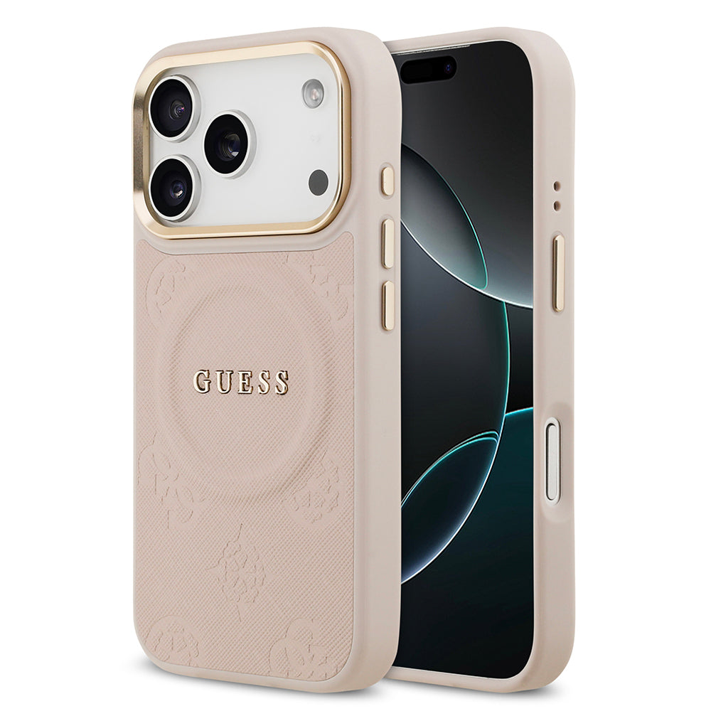 iPhone 17 Pro Kılıf Guess Orijinal Lisanslı M-safe Şarj Özellikli Sıcak Baskılı Yazı Logolu PU Deri Peony Kılıf