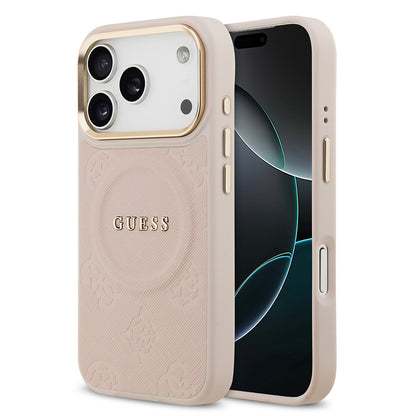 iPhone 17 Pro Kılıf Guess Orijinal Lisanslı M-safe Şarj Özellikli Sıcak Baskılı Yazı Logolu PU Deri Peony Kılıf