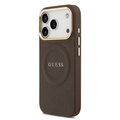 iPhone 17 Pro Kılıf Guess Orijinal Lisanslı M-safe Şarj Özellikli Sıcak Baskılı Yazı Logolu PU Deri Peony Kılıf