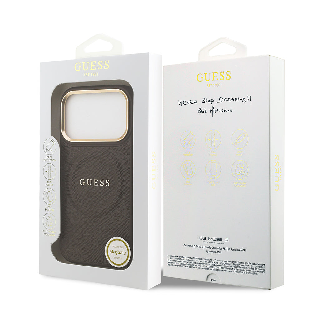 iPhone 17 Pro Kılıf Guess Orijinal Lisanslı M-safe Şarj Özellikli Sıcak Baskılı Yazı Logolu PU Deri Peony Kılıf