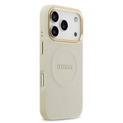 iPhone 17 Pro Kılıf Guess Orijinal Lisanslı M-safe Şarj Özellikli Sıcak Baskılı Yazı Logolu PU Deri Peony Kılıf