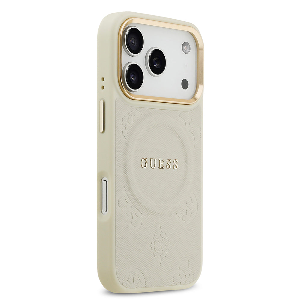 iPhone 17 Pro Kılıf Guess Orijinal Lisanslı M-safe Şarj Özellikli Sıcak Baskılı Yazı Logolu PU Deri Peony Kılıf