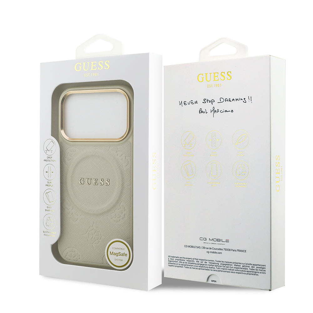 iPhone 17 Pro Kılıf Guess Orijinal Lisanslı M-safe Şarj Özellikli Sıcak Baskılı Yazı Logolu PU Deri Peony Kılıf