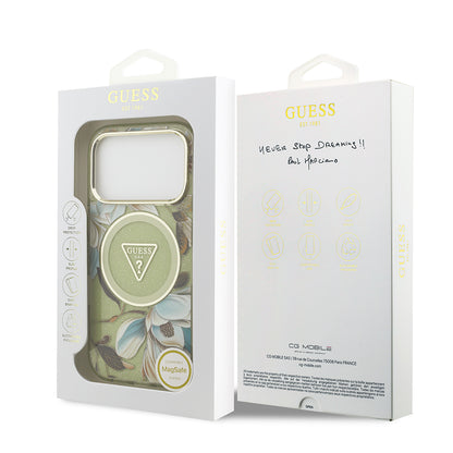 iPhone 17 Pro Kılıf Guess Orijinal Lisanslı M-safe Şarj Özellikli Simli Çiçek Desenli Metal Kamera Çerçeveli Üçgen Logolu Kılıf