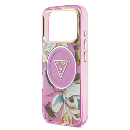 iPhone 17 Pro Kılıf Guess Orijinal Lisanslı M-safe Şarj Özellikli Simli Çiçek Desenli Metal Kamera Çerçeveli Üçgen Logolu Kılıf