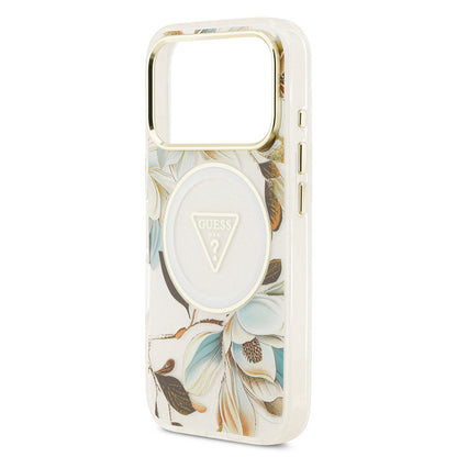 iPhone 17 Pro Kılıf Guess Orijinal Lisanslı M-safe Şarj Özellikli Simli Çiçek Desenli Metal Kamera Çerçeveli Üçgen Logolu Kılıf