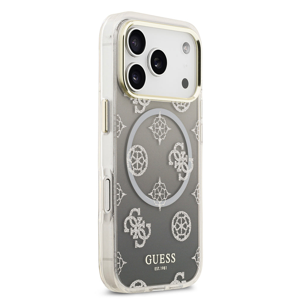 iPhone 17 Pro Kılıf Guess Orijinal Lisanslı M-safe Şarj Özellikli Simli Peony Desenli Silikon Kılıf