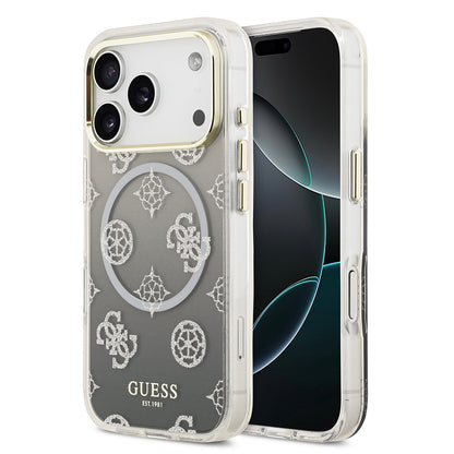 iPhone 17 Pro Kılıf Guess Orijinal Lisanslı M-safe Şarj Özellikli Simli Peony Desenli Silikon Kılıf