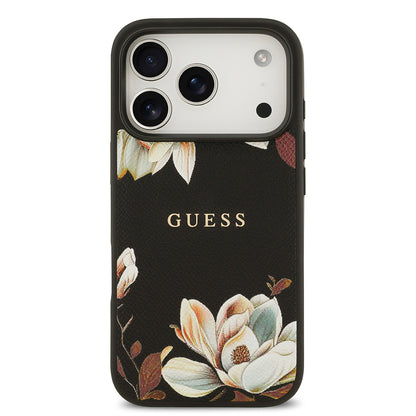 iPhone 17 Pro Kılıf Guess Orijinal Lisanslı M-safe Şarj Özellikli Taneli Çiçek Tasarımlı Metal Yazı Logolu Kılıf
