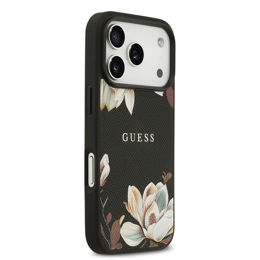 iPhone 17 Pro Kılıf Guess Orijinal Lisanslı M-safe Şarj Özellikli Taneli Çiçek Tasarımlı Metal Yazı Logolu Kılıf