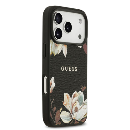 iPhone 17 Pro Kılıf Guess Orijinal Lisanslı M-safe Şarj Özellikli Taneli Çiçek Tasarımlı Metal Yazı Logolu Kılıf