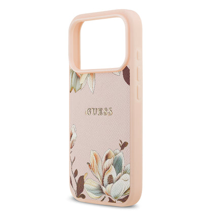 iPhone 17 Pro Kılıf Guess Orijinal Lisanslı M-safe Şarj Özellikli Taneli Çiçek Tasarımlı Metal Yazı Logolu Kılıf