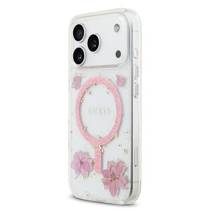 iPhone 17 Pro Kılıf Guess Orijinal Lisanslı M-safe Şarj Özellikli Transparan Resin Flowers Kılıf