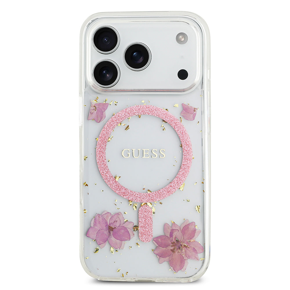 iPhone 17 Pro Kılıf Guess Orijinal Lisanslı M-safe Şarj Özellikli Transparan Resin Flowers Kılıf