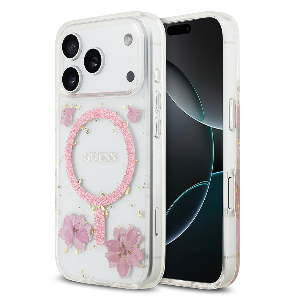 iPhone 17 Pro Kılıf Guess Orijinal Lisanslı M-safe Şarj Özellikli Transparan Resin Flowers Kılıf