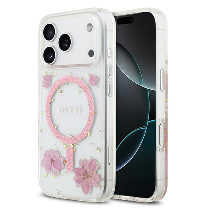 iPhone 17 Pro Kılıf Guess Orijinal Lisanslı M-safe Şarj Özellikli Transparan Resin Flowers Kılıf