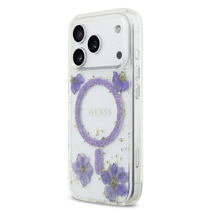 iPhone 17 Pro Kılıf Guess Orijinal Lisanslı M-safe Şarj Özellikli Transparan Resin Flowers Kılıf