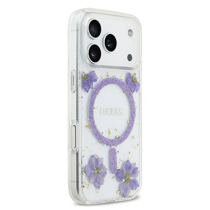 iPhone 17 Pro Kılıf Guess Orijinal Lisanslı M-safe Şarj Özellikli Transparan Resin Flowers Kılıf