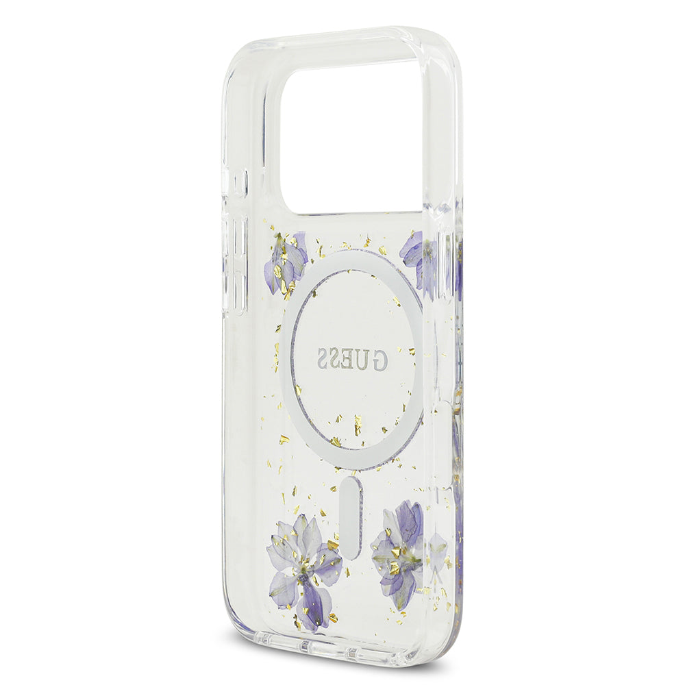 iPhone 17 Pro Kılıf Guess Orijinal Lisanslı M-safe Şarj Özellikli Transparan Resin Flowers Kılıf