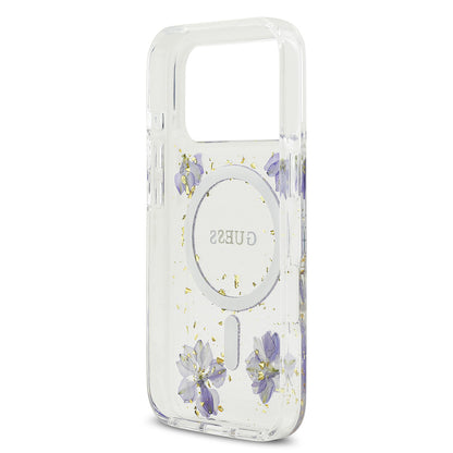 iPhone 17 Pro Kılıf Guess Orijinal Lisanslı M-safe Şarj Özellikli Transparan Resin Flowers Kılıf