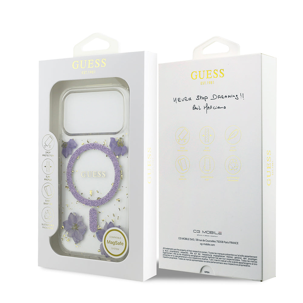 iPhone 17 Pro Kılıf Guess Orijinal Lisanslı M-safe Şarj Özellikli Transparan Resin Flowers Kılıf