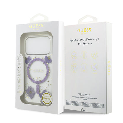 iPhone 17 Pro Kılıf Guess Orijinal Lisanslı M-safe Şarj Özellikli Transparan Resin Flowers Kılıf