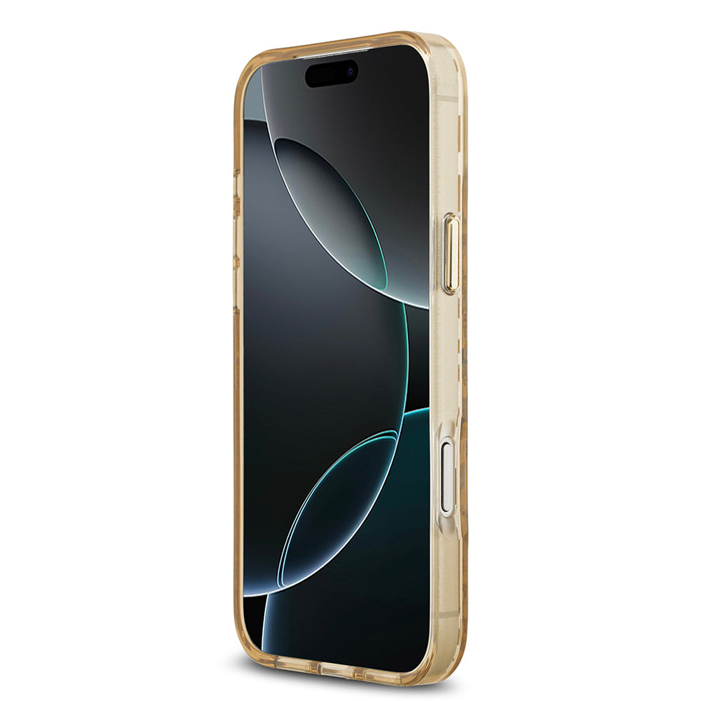 iPhone 17 Pro Kılıf Guess Orijinal Lisanslı M-safe Şarj Özellikli Üçgen Logolu Simli Leopar Desenli Kılıf