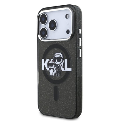 iPhone 17 Pro Kılıf Karl Lagerfeld Orijinal Lisanslı Parlayan Simli Karl & Choupette Sketch Logo Kılıf