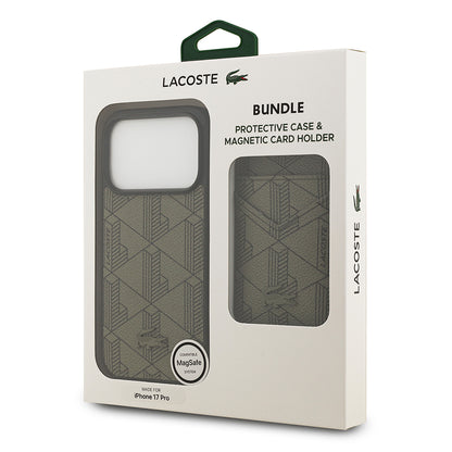 iPhone 17 Pro Kılıf Lacoste Orijinal Lisanslı M-safe Şarj Özellikli PU Deri Tasarımlı Kartlıklı Karışık Monogram Desenli Kılıf