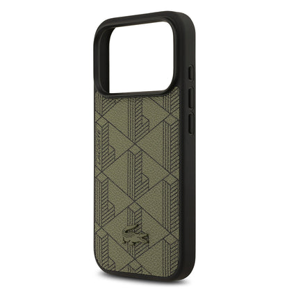 iPhone 17 Pro Kılıf Lacoste Orijinal Lisanslı M-safe Şarj Özellikli PU Deri Tasarımlı Kartlıklı Karışık Monogram Desenli Kılıf