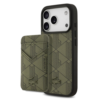 iPhone 17 Pro Kılıf Lacoste Orijinal Lisanslı M-safe Şarj Özellikli PU Deri Tasarımlı Kartlıklı Karışık Monogram Desenli Kılıf