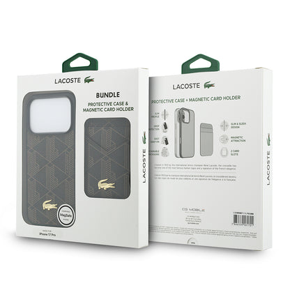 iPhone 17 Pro Kılıf Lacoste Orijinal Lisanslı M-safe Şarj Özellikli PU Deri Tasarımlı Kartlıklı Karışık Monogram Desenli Kılıf