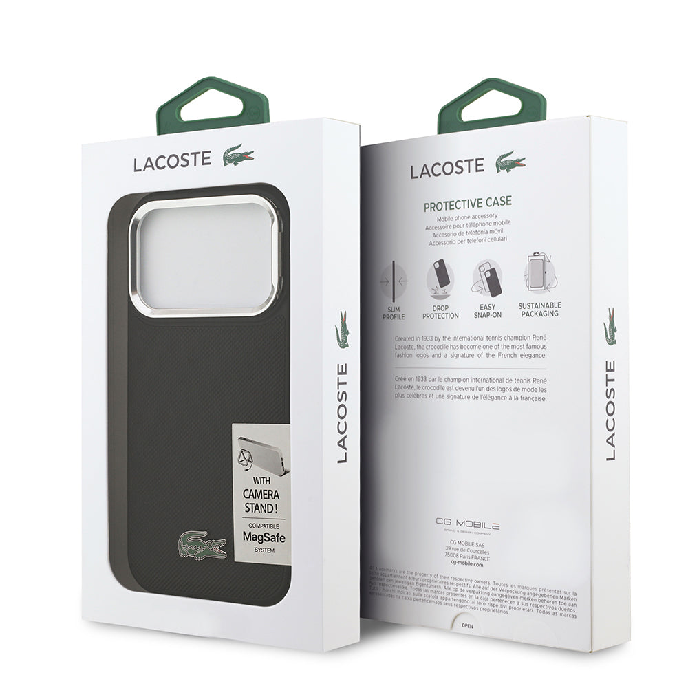 iPhone 17 Pro Kılıf Lacoste Orijinal Lisanslı M-safe Şarj Özellikli PU Pike Desenli Standlı Metal Logolu Kılıf