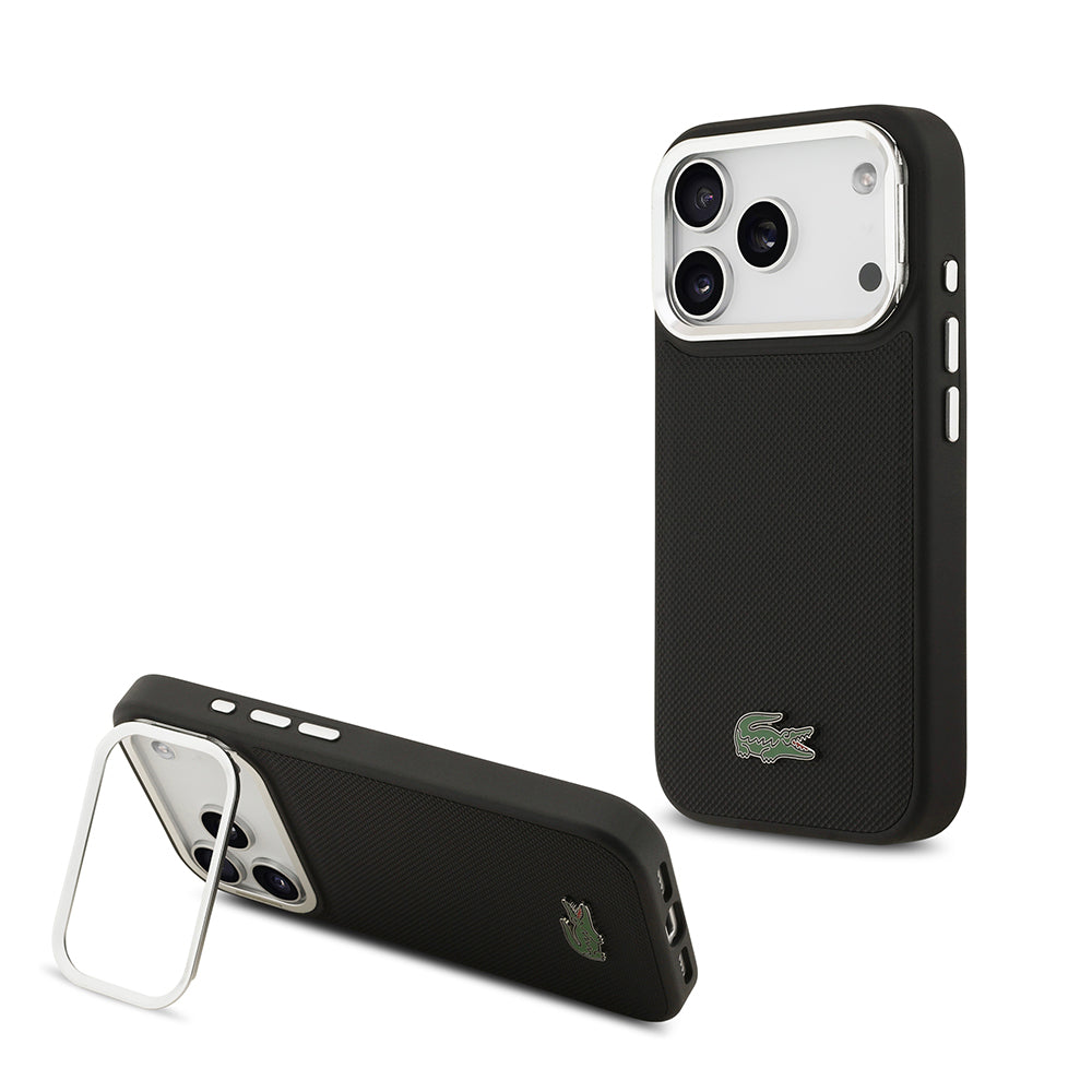 iPhone 17 Pro Kılıf Lacoste Orijinal Lisanslı M-safe Şarj Özellikli PU Pike Desenli Standlı Metal Logolu Kılıf