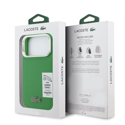 iPhone 17 Pro Kılıf Lacoste Orijinal Lisanslı M-safe Şarj Özellikli PU Pike Desenli Standlı Metal Logolu Kılıf