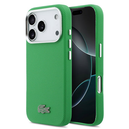 iPhone 17 Pro Kılıf Lacoste Orijinal Lisanslı M-Safe Şarj Özellikli PVC Pike Desenli Arka Yüzey İkonik Timsah Dokuma Logolu Kılıf