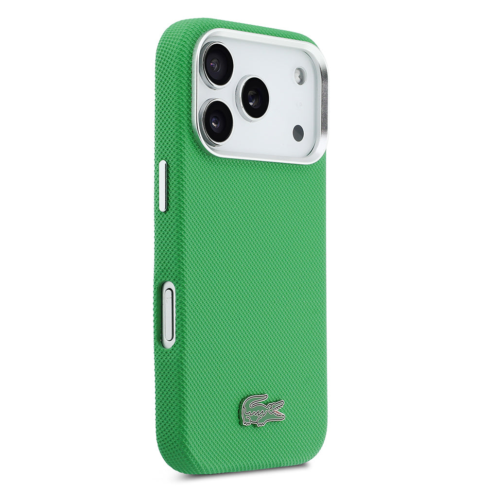 iPhone 17 Pro Kılıf Lacoste Orijinal Lisanslı M-Safe Şarj Özellikli PVC Pike Desenli Arka Yüzey İkonik Timsah Dokuma Logolu Kılıf