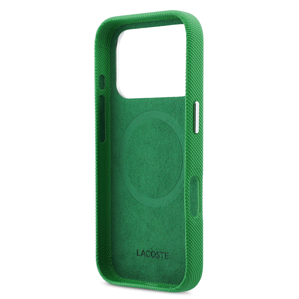 iPhone 17 Pro Kılıf Lacoste Orijinal Lisanslı M-Safe Şarj Özellikli PVC Pike Desenli Arka Yüzey İkonik Timsah Dokuma Logolu Kılıf