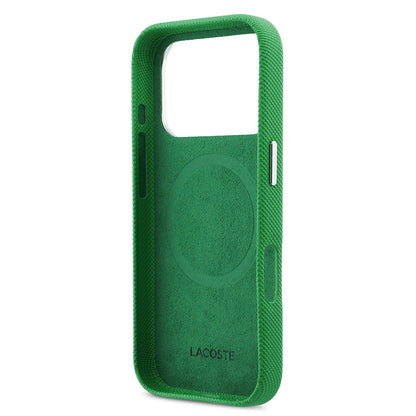 iPhone 17 Pro Kılıf Lacoste Orijinal Lisanslı M-Safe Şarj Özellikli PVC Pike Desenli Arka Yüzey İkonik Timsah Dokuma Logolu Kılıf