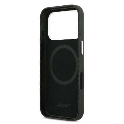 iPhone 17 Pro Kılıf Lacoste Orijinal Lisanslı M-Safe Şarj Özellikli PVC Pike Desenli Arka Yüzey İkonik Timsah Dokuma Logolu Kılıf